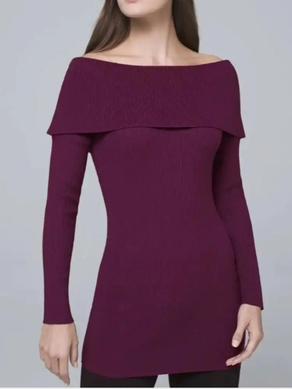 White House Black Market Rich Plum Ribbed Off-Shoulder Sweater